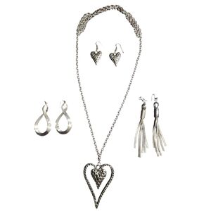 ASSORTMENT- Silver-Tone Heart Necklace & Earring Set - 2 Additional Earring Sets